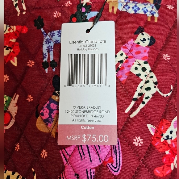 Vera Bradley Essential Grand Tote Quilted Adorable Dogs DARK RED - Picture 7 of 8